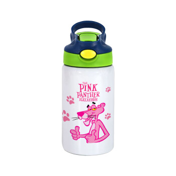The pink panther, Children's hot water bottle, stainless steel, with safety straw, green, blue (350ml)