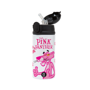 The pink panther, Children's hot water bottle, stainless steel, with safety straw, Black (360ml) BPA-FREE