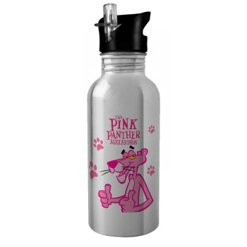The pink panther, Water bottle Silver with straw, stainless steel 600ml
