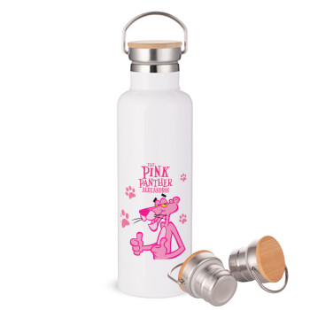 The pink panther, Stainless steel White with wooden lid (bamboo), double wall, 750ml