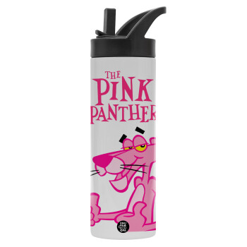 The pink panther, Μεταλλικό παγούρι θερμός με καλαμάκι & χειρολαβή, ανοξείδωτο ατσάλι (Stainless steel 304), διπλού τοιχώματος, 600ml