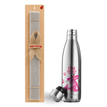 The pink panther, Easter Set, metallic stainless thermos flask (500ml) & scented flat Easter candle (30cm) (GRAY)