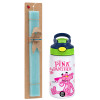 Easter Set, Children's thermal stainless steel bottle with safety straw, green/blue (350ml) & aromatic flat Easter candle (30cm) (TURQUOISE)