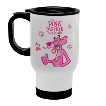 The pink panther, Stainless steel travel mug with lid, double wall white 450ml