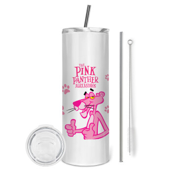 The pink panther, Tumbler ποτήρι θερμό από ανοξείδωτο ατσάλι 600ml, με μεταλλικό καλαμάκι & βούρτσα καθαρισμού