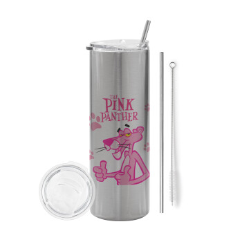 The pink panther, Eco friendly stainless steel Silver tumbler 600ml, with metal straw & cleaning brush