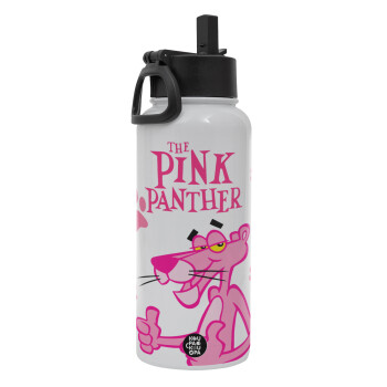 The pink panther, Metal mug thermo White with Straw and Spout Lid (Stainless steel), double wall, 950ml