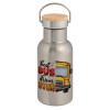 Stainless steel metallic thermos flask, silver with a bamboo lid, double-walled, 350ml.