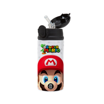 Super mario, Children's hot water bottle, stainless steel, with safety straw, Black (360ml) BPA-FREE