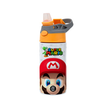 Super mario, Children's hot water bottle, stainless steel, with safety straw, Orange/Grey (360ml) BPA-FREE