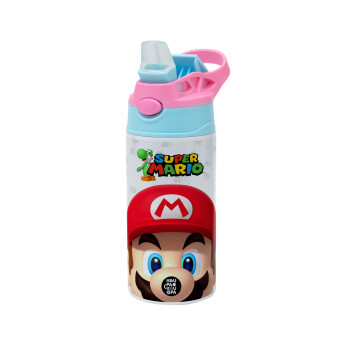 Super mario, Children's hot water bottle, stainless steel, with safety straw, Pink/BlueCiel (360ml) BPA FREE