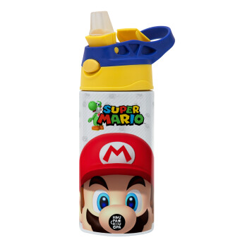 Super mario, Children's hot water bottle, stainless steel, with safety straw, green, blue (360ml) BPA FREE