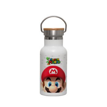 Super mario, Μεταλλικό παγούρι θερμός (Stainless steel) Λευκό με ξύλινο καπακι (bamboo), διπλού τοιχώματος, 350ml