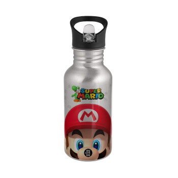 Super mario, Water bottle Silver with straw, stainless steel 500ml