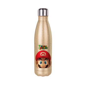 Super mario, Glitter gold stainless steel thermos bottle, double-walled, 500ml