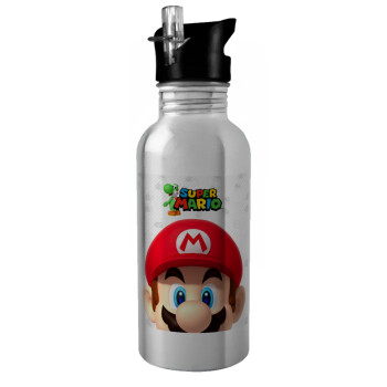 Super mario, Water bottle Silver with straw, stainless steel 600ml