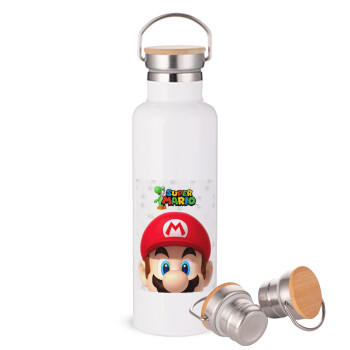 Super mario, Μεταλλικό παγούρι θερμός (Stainless steel) Λευκό με ξύλινο καπακι (bamboo), διπλού τοιχώματος, 750ml