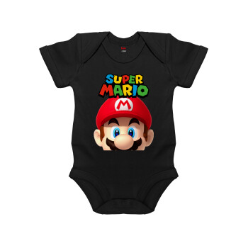 Super mario, Βρεφικό φορμάκι μωρού, 0-18 μηνών, ΜΑΥΡΟ, 100% Organic Cotton, κοντομάνικο