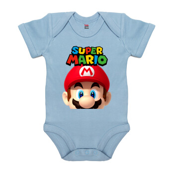 Super mario, Βρεφικό φορμάκι μωρού, 0-18 μηνών, Μπλε, 100% Organic Cotton, κοντομάνικο