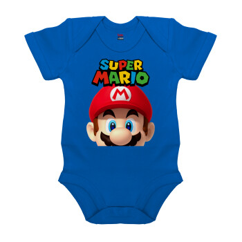 Super mario, Βρεφικό φορμάκι μωρού, Μπλε Κοβαλτίου, 100% Organic Cotton, κοντομάνικο