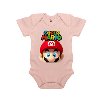 Super mario, Βρεφικό φορμάκι μωρού, 0-18 μηνών, ΡΟΖ POWDER, 100% Organic Cotton, κοντομάνικο