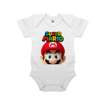 Super mario, Βρεφικό φορμάκι μωρού, 0-24 μηνών, ΛΕΥΚΟ, 100% Organic Cotton, κοντομάνικο