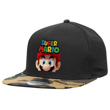 Super mario, Adult Flat Snapback Hat Black/Camouflage, (100% COTTON TWILL, ADULT, UNISEX, ONE SIZE)