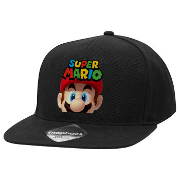 Super mario, Adult Flat Snapback Hat Black, (100% COTTON TWILL, ADULT, UNISEX, ONE SIZE)