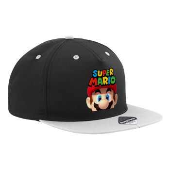 Super mario, Adult Flat Snapback Hat Black/Grey, (100% COTTON TWILL, ADULT, UNISEX, ONE SIZE)