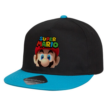 Super mario, Καπέλο παιδικό Flat Snapback, Μαύρο/Μπλε (100% ΒΑΜΒΑΚΕΡΟ, ΠΑΙΔΙΚΟ, UNISEX, ONE SIZE)