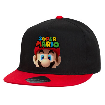 Super mario, Children's Flat Snapback Hat, Black/Red (100% COTTON, CHILDREN'S, UNISEX, ONE SIZE)