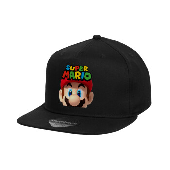Super mario, Καπέλο παιδικό Flat Snapback, Μαύρο (100% ΒΑΜΒΑΚΕΡΟ, ΠΑΙΔΙΚΟ, UNISEX, ONE SIZE)