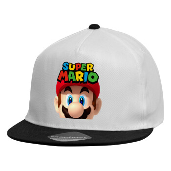 Super mario, Καπέλο παιδικό Flat Snapback, Λευκό (100% ΒΑΜΒΑΚΕΡΟ, ΠΑΙΔΙΚΟ, UNISEX, ONE SIZE)