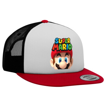 Super mario, Adult Foam Flat Snapback with Mesh Red-White-Black (POLYESTER, ADULT, UNISEX, ONE SIZE)