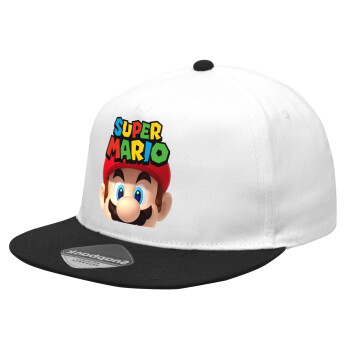 Super mario, Καπέλο Ενηλίκων Flat Snapback Λευκό/Μαύρο, (100% ΒΑΜΒΑΚΕΡΟ Twill, ΕΝΗΛΙΚΩΝ, UNISEX, ONE SIZE)