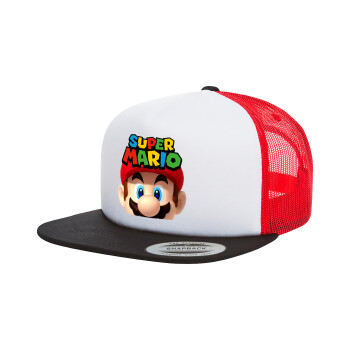 Super mario, Adult Foam Flat Snapback with Mesh Black-White-Red (POLYESTER, ADULT, UNISEX, ONE SIZE)