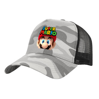 Super mario, Adult Structured Trucker Hat, with Mesh, (Camouflage) Army Camo (100% COTTON, ADULT, UNISEX, ONE SIZE)