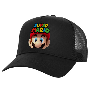 Super mario, Structured Trucker Adult Hat, with Mesh, Black (100% COTTON, ADULT, UNISEX, ONE SIZE)