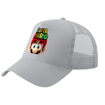 Super mario, Adult Structured Trucker Hat, with Mesh, GRAY (100% COTTON, ADULT, UNISEX, ONE SIZE)