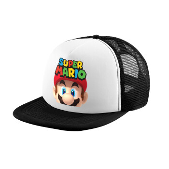 Super mario, Καπέλο παιδικό Soft Trucker με Δίχτυ ΜΑΥΡΟ/ΛΕΥΚΟ (POLYESTER, ΠΑΙΔΙΚΟ, ONE SIZE)