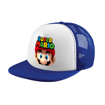 Super mario, Child's Soft Trucker Hat with Blue/White Mesh (POLYESTER, CHILD, ONE SIZE)