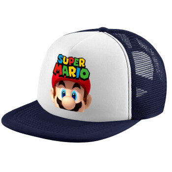 Super mario, Adult Soft Trucker Hat with Dark Blue/White Mesh (POLYESTER, ADULT, UNISEX, ONE SIZE)