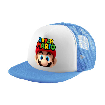 Super mario, Child's Soft Trucker Hat with Blue/White Mesh (POLYESTER, CHILD, ONE SIZE)