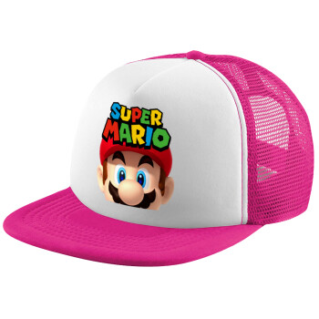 Super mario, Καπέλο παιδικό Soft Trucker με Δίχτυ ΡΟΖ/ΛΕΥΚΟ (POLYESTER, ΠΑΙΔΙΚΟ, ONE SIZE)