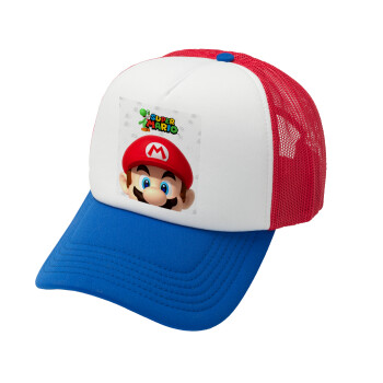 Super mario, Adult Soft Trucker Hat with Red/Blue/White Mesh (POLYESTER, ADULT, UNISEX, ONE SIZE)