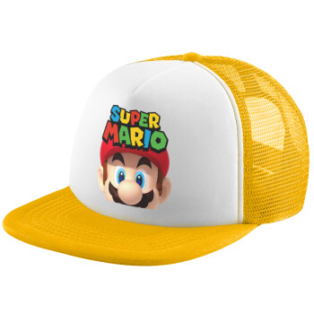 Super mario, Adult Soft Trucker Hat with Yellow/White Mesh (POLYESTER, ADULT, UNISEX, ONE SIZE)