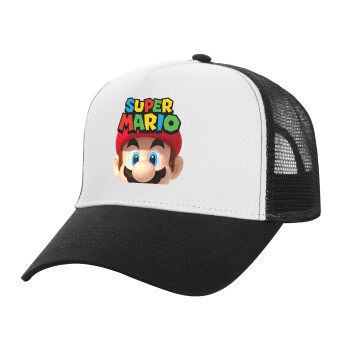 Super mario, Adult Structured Trucker Hat, with Mesh, WHITE/BLACK (100% COTTON, ADULT, UNISEX, ONE SIZE)