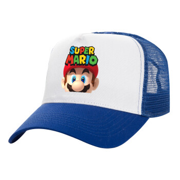 Super mario, Adult Structured Trucker Hat, with Mesh, WHITE/BLUE (100% COTTON, ADULT, UNISEX, ONE SIZE)