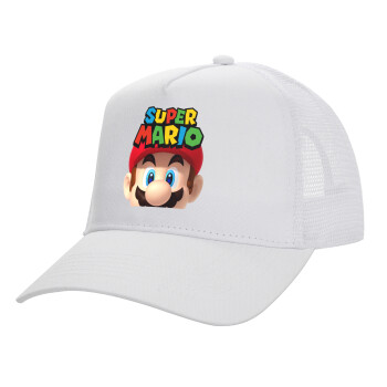 Super mario, Structured Trucker Adult Hat, with Mesh, WHITE (100% COTTON, ADULT, UNISEX, ONE SIZE)