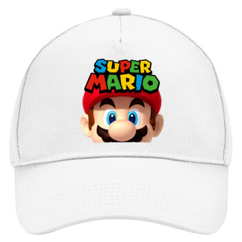 Super mario, Adult Baseball Cap, Drill, White (100% COTTON, ADULT, UNISEX, ONE SIZE)